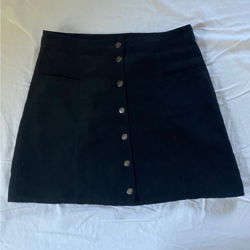 H&M Black faux suede mini skirt with silver buttons size 10